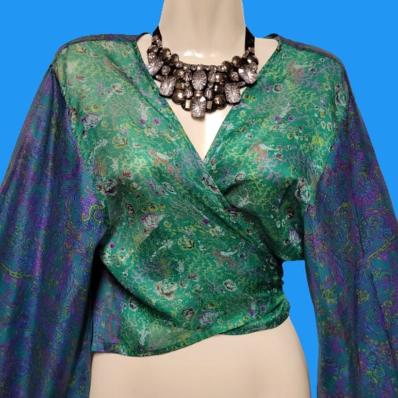 SILK Bolero Top Crop Top Coverup Silk Blazer Short Jacket Butterfly Sleeve Top L - Picture 9 of 10